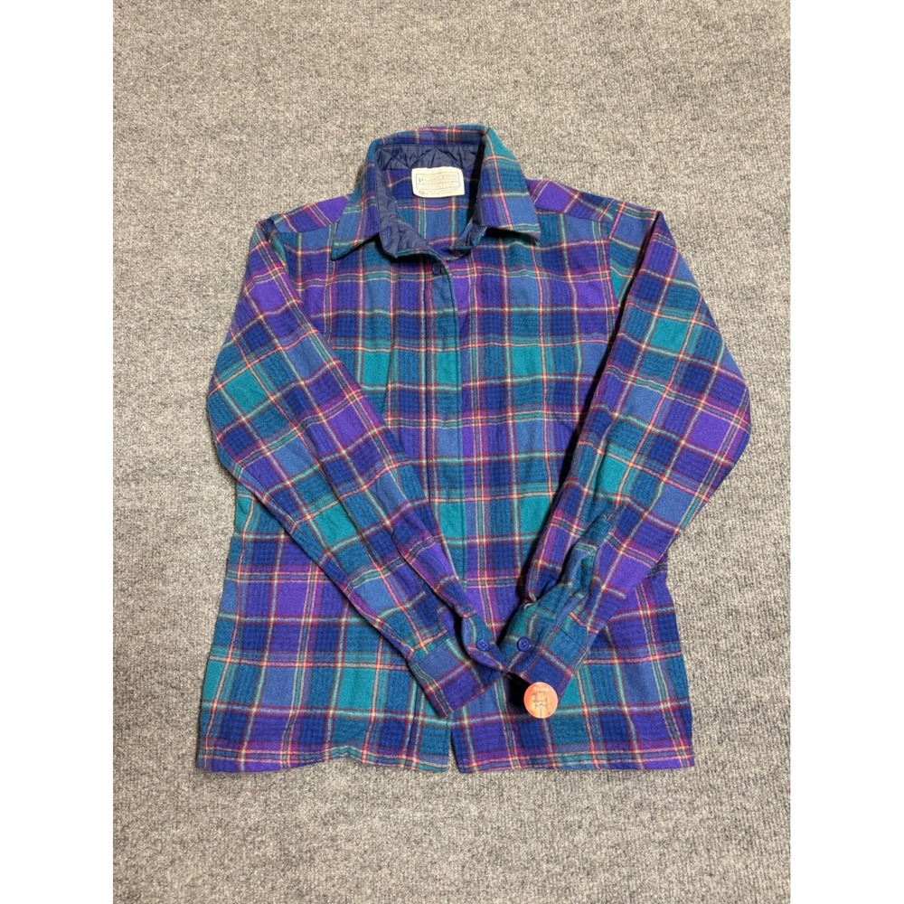 VTG Pendleton Flannel LS Shirt Men's S Wool Plaid Blue/Green/Purple Dry Clean